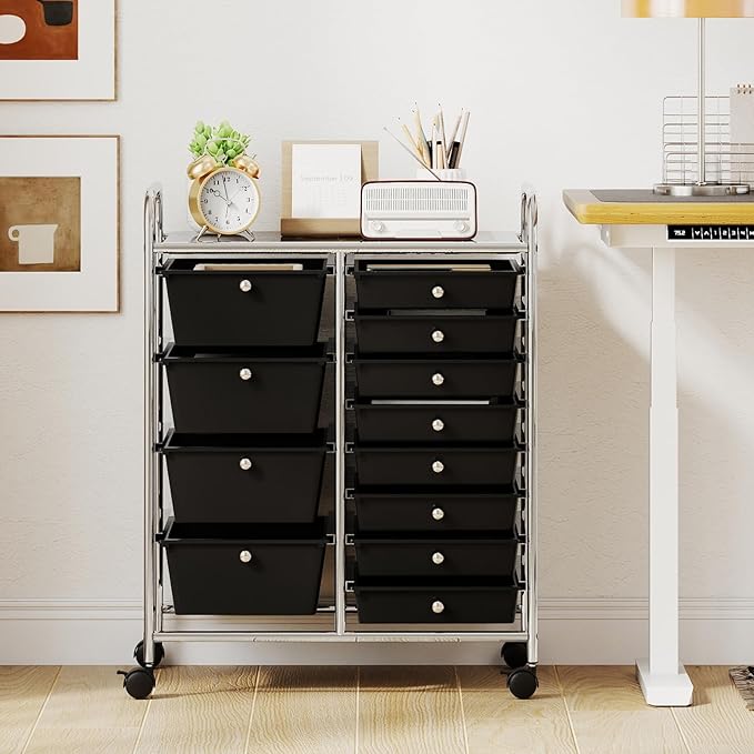LDAILY 12 Drawer Rolling Storage Cart, Rolling Cart with Drawers for Classroom, Art Supply Craft Organizer on Wheel with Metal Frame & Handles for Home Office School (Black, 12 Drawer Left-Right)