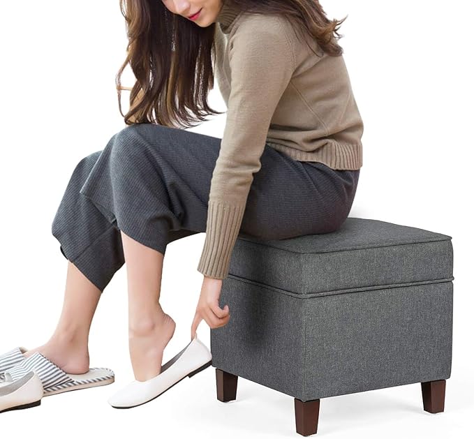 Asense 17 Inch Square Storage Ottoman,Small Foot Rest Stool for Couch, Linen Fabric Upholstered Footstool Cube for Entryway Bedroom Living Room, Dark Grey
