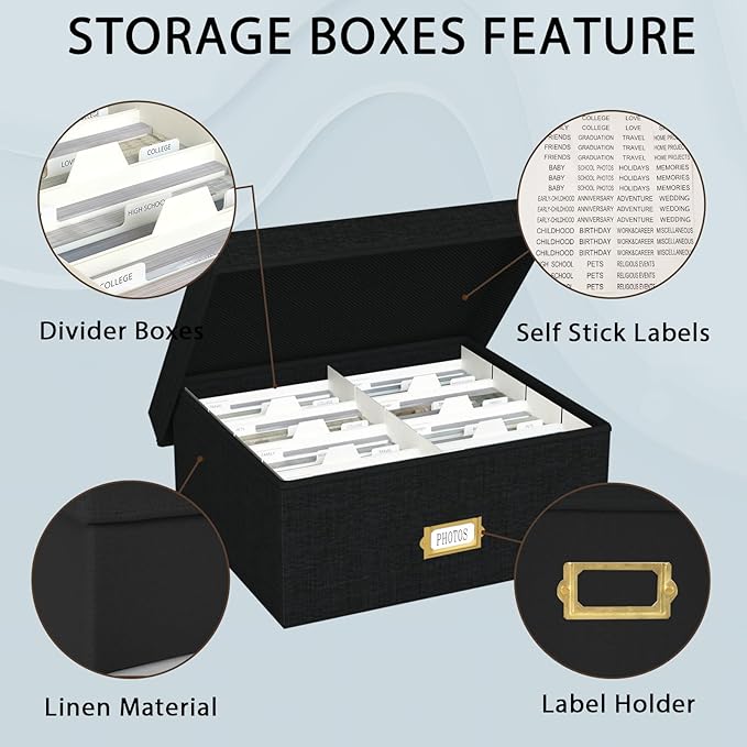 Decorative Photo Storage Box - Linen Photo Box Organizer with Dividers, Fits Holds Up to 1700 Pictures and 4x6 Photos, Memory Keepsake Organizer for Photos, Scrapbook Supplies, Cards, Stamps (Black)