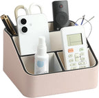 MEIBOOCH Remote Control Holder, PU Leather Small Desk Organizer with 4 Compartments, Nightstand Organizer Desk Caddy for Remote, Notepad, Phone, Glasses, and Accessories (Pink)