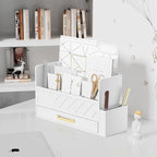 WISUCART Bamboo Desk Organizer Mail Holder Countertop Wood Desk Drawer Tabletop Storage Box Pen Holder Letter Sorter Makeup Organizer for School Home Office Supplies with Pen Holder White