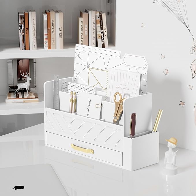 WISUCART Bamboo Desk Organizer Mail Holder Countertop Wood Desk Drawer Tabletop Storage Box Pen Holder Letter Sorter Makeup Organizer for School Home Office Supplies with Pen Holder White