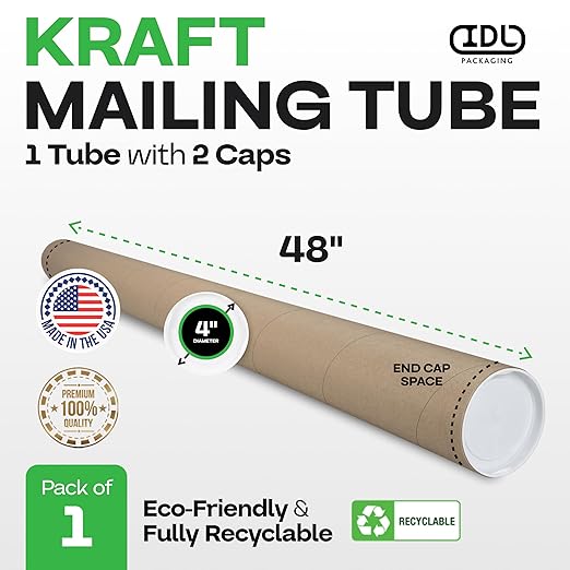 IDL Packaging Cardboard Mailing Tube, 4" x 48" with Plastic Caps - USA-Made USPS Approved Poster Tube for Documents & Blueprints - Reinforced Mailing Cylinders for Shipping & Storage