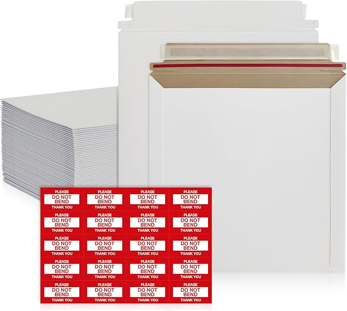 100 Pack 6x6 Inch Rigid Mailers – 420 GSM Self Seal Stay Flat CD Mailers for CDs, DVDs, Photos, Documents – Tear Strip, Do Not Bend Labels – Square Card & Shipping Envelopes (White)