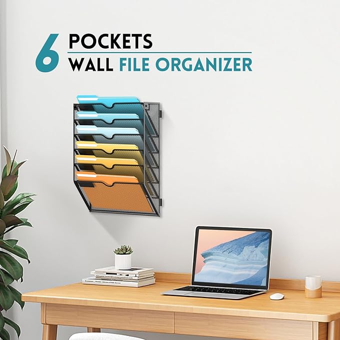 SUPEASY Wall File Organizer Mesh Office Mail Holder, Hanging Wall Organizer Magazine Rack for Office Black, 6 Tier, 2Pack