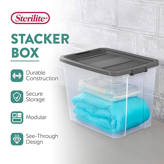 Sterilite 12-Pack Modular Stacker Box, Durable Clear Plastic Storage Bins with Latching Lids, 108 Quart - Stackable Organizing Container Boxes for Closet, Bathroom, and Office