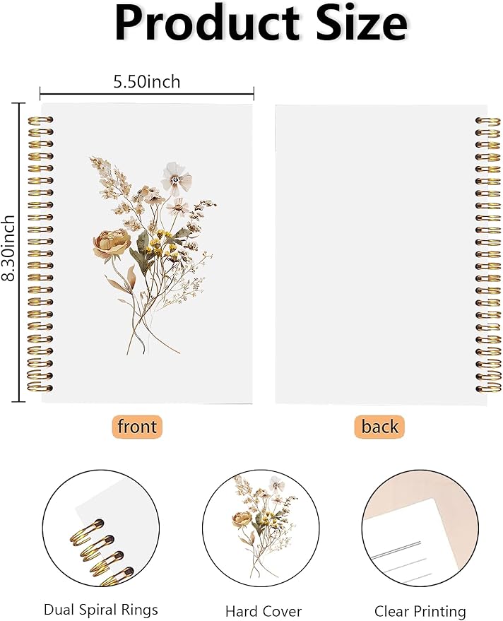 BitKan Vintage Boho Fall Floral Spiral Notebook, Cottagecore Wild Flower Journal, Pretty Journals for Women, Rustic Autumn Botanical Flower Notebook 5.5x8.3 Inch-367