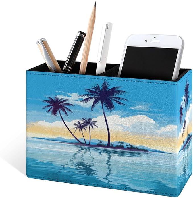 Famame Tropical Island Palm Trees Pencil Holder for Desk, Leather Desktop Container Pen Cup Storage Study Table Pen Organizer Makeup Brush Holder for Classroom Office Home