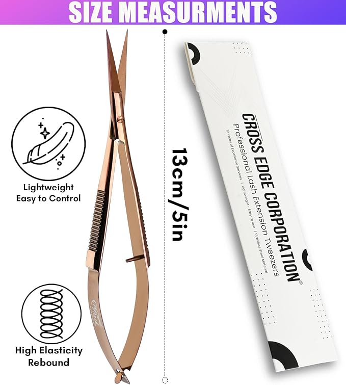 Cross Edge Spring Scissors 5 Inch straight Stainless Steel Precision Eyebrow & Eyelash Shaping & Trimming Scissor, Snips Squeeze, Embroidery, Knitting Micro Tip Craft Scissors (Rose Gold)