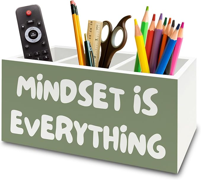 XPH Green Inspirational Pen Pencil Holder Organizer for Desk, Inspirational Gifts for Women, Mindset Is Everything Motivational Wooden Box Sign for Home Office Desk Tabletop Decorations