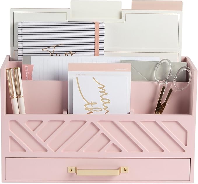 BLU MONACO Pink Wooden Desk Organizer With Storage Drawer and Gold Handle | Desktop Mail Sorter and Stationery Holder for Home Office | 4.6” x 12.4” x 7.5” Multi-Compartment Accessory Organizer