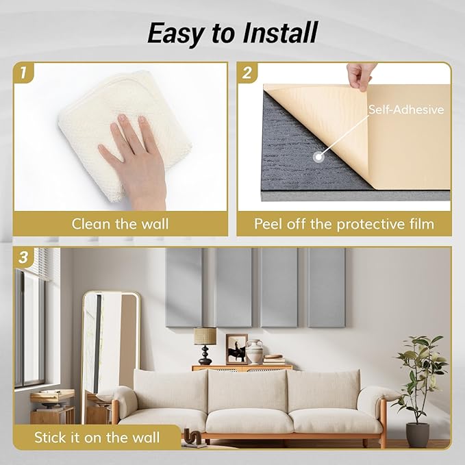 TONOR 4 PCS Large Acoustic Panel, 35.4″ * 11.8″ * 2.36″ 3D Fiberglass Sound Proof Panel with Full Self-adhesive, Decorative Echo Absorbing Wall Panel, for Studio, Living Room, Home, Office, Grey