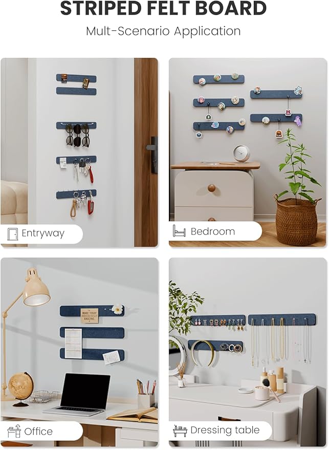 Fluxynara Cork Board Alternative Felt Strip Board 5-Pack 13"x2", Office Pin Board with 35 Push Pins, Adhesive Install for Bedroom Door & Home Office(Denim Blue)