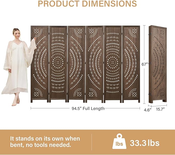 5.6 Ft Folding Room Divider, Portable Privacy Screen & Partition, No Assembly Required for Use as Cat Litter Box Cover, Clutter Hider, Room Separator, 6 Panels (Brown)