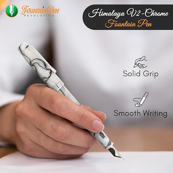 FPR Himalaya V2-Chrome Ultra Flex Nib Pen - Twist-Style Converter Filled Calligraphy Pens for Writing - Fancy Pens for Men & Women - Flex Fountain Pen w/Metal Clip & Cap Ring (Taj Mahal Acrylic)