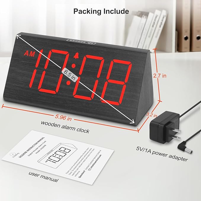 DreamSky Wooden Digital Alarm Clocks for Bedrooms - Electric Desk Clock with Large Red Numbers, USB Port, Battery Backup Alarm, Adjustable Volume, Wood Décor, Dimmer, Snooze, DST (Adapter Powered)