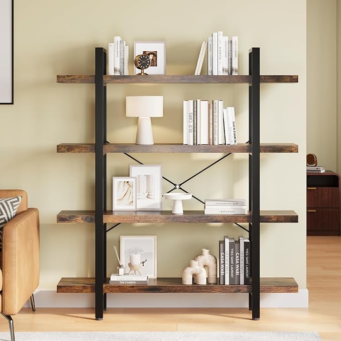 FURSUN Heavy Duty 4 Tier Bookcase, 55-in Tall Industrial Modern Large Bookshelf, Wood Farmhouse Bookcases Book Shelves and Metal Frame for Office, Bedroom, Living Room, Brown