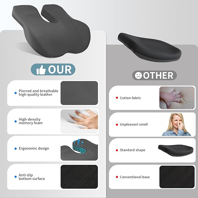 EARJIA Memory Foam Seat Cushion for Office Chair Seat Cushions for Long Sitting Tailbone Pain Relief Anti-Slip Bottom & Removable Leather Cover for Car Gaming Work