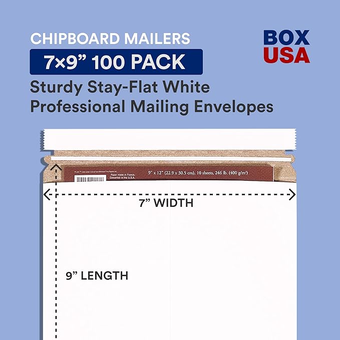 BOX USA StayFlat Envelope 7"L x 9"W 100-Pack for Keeping Photos, Documents & Artwork Protected During Mailing and Shipping