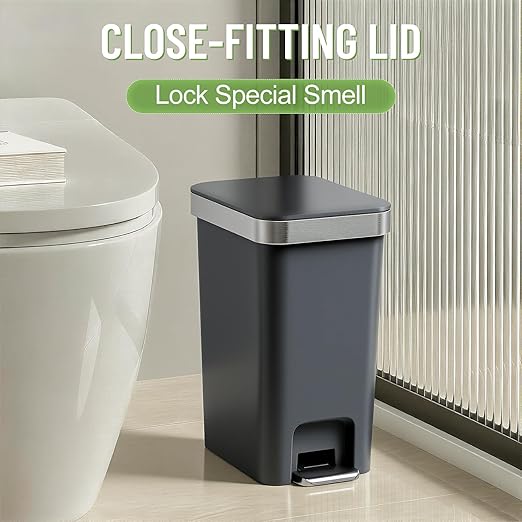accep Bathroom Trash Can with Lid, 2.6 Gallon /10 Liter Small Garbage Can, Press Top Bin & Step Metal Pedal Trash Bin Wastebasket for Bedroom, Office, Kitchen, Dorm (Black Gray)