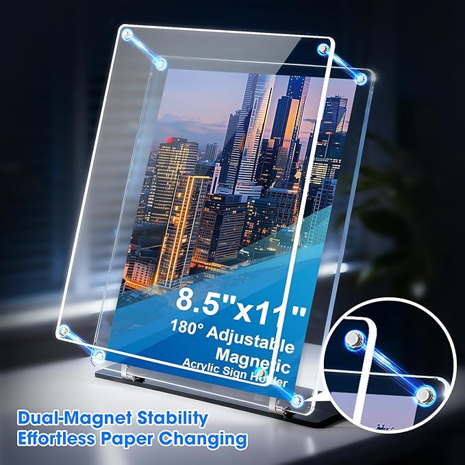 Rebehari 180° Adjustable Acrylic Sign Holder 8.5"x11", Magnetic Code Sign Menu Stand with Stable Base, Double-Sided Clear Table Paper Display Holder For Office, Store, Restaurant