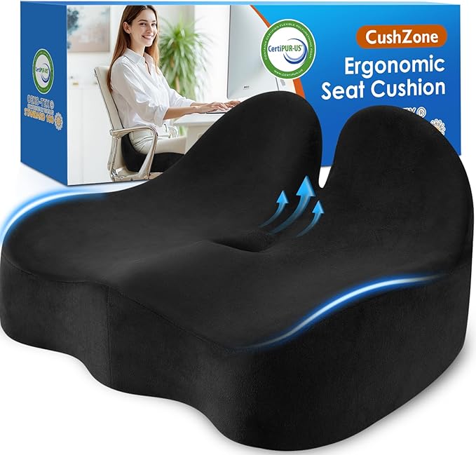 CushZone Seat Cushion, Memory Foam Office Chair Seat Cushion for Office Chairs/Car/Long Trip/Desk Chair/Gaming, X-Large Size for Sciatica & Hip & Tailbone Pain Relief, Sciatica Support (Black)