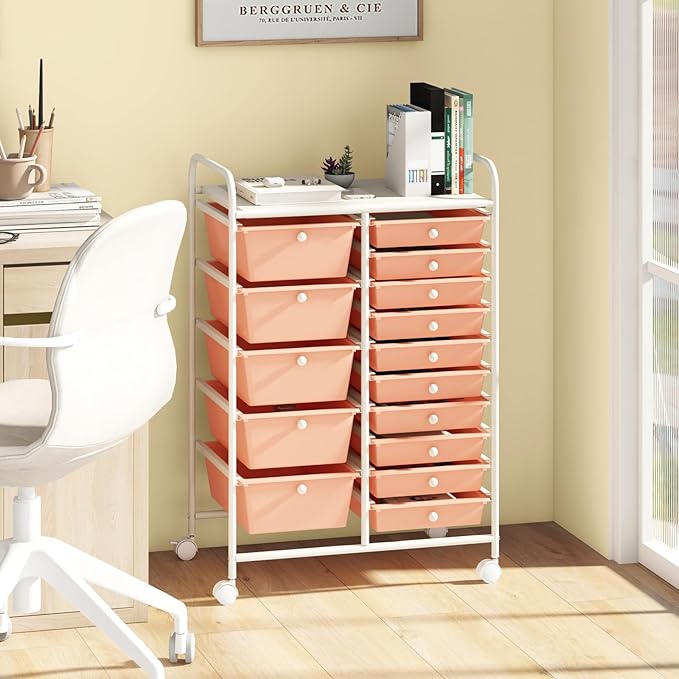 LDAILY 15 Drawer Rolling Storage Cart, Rolling Cart with Drawers for Classroom, Art Supply Craft Organizer on Wheel with Metal Frame & Handles for Home Office School
