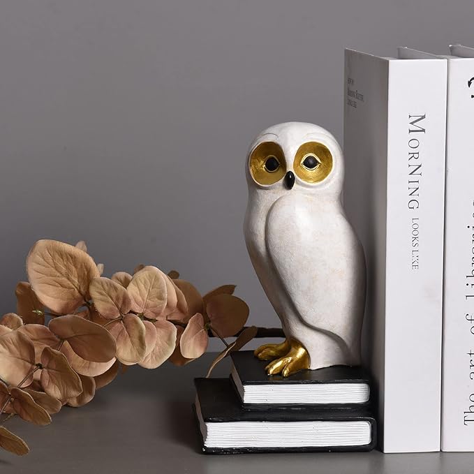 Kakizzy Book Ends for Shelves, Owl Decorative Bookends Bronze Bird Book Stopper Unique Kids Book Holders with Anti-Slip Base Luxurious Bookends for Kids Rooms Office Home Decor(White)
