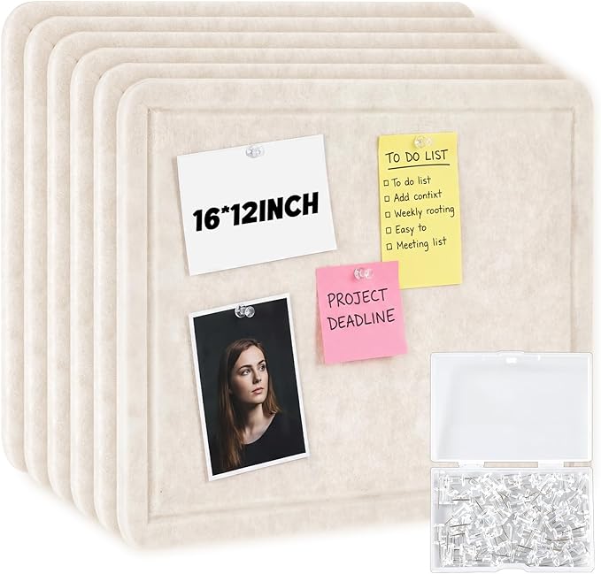 Maitys 6 Pack Felt Bulletin Board, 16x12 Inch Decorative Felt Pin Board with Self Adhesive and 60 Push pins, Foldable Fabric Cork Boards for Wall Decor, Office, Classroom, Dorm Room Organization