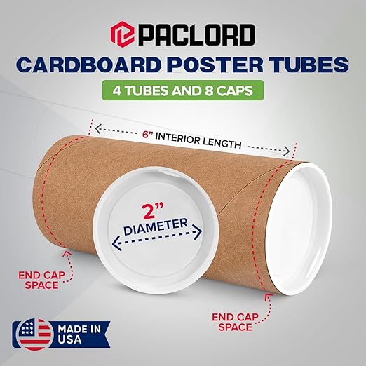 2" x 6" Reinforced Kraft Paper Mailing Tubes, Pack of 4 Tubes with 2 Caps Each – USPS Approved Poster Tube – Made in USA Cardboard Tube for Shipping and Storing Posters, Prints, Artwork, or Documents
