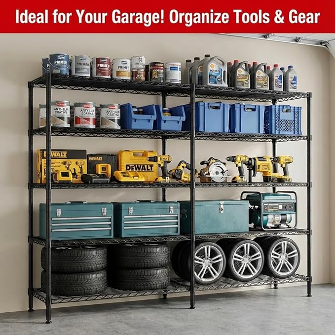 5 Tier Storage Shelves Metal Shelving Unit Load 1500LBS,Adjustable Wire Shelving Pantry Shelves for Storage,Kitchen Shelves Storage Rack for Commercial Garage Shelving Heavy Duty,61.7"W*72.4"H*15.8"D