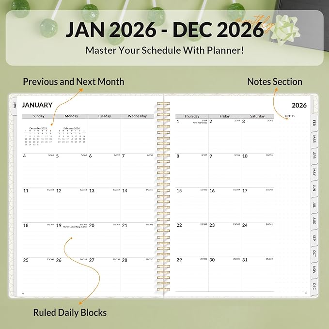 SUNEE 2026 Planner, Weekly and Monthly Calendar Planner, January 2026-December 2026, Daily Agenda with Tabs, Note Pages, Spiral Binding, 8.5"x11", Eucalyptus