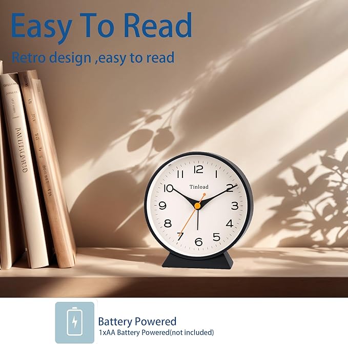 Tinload 4.5" Battery Operated Retro Analog Alarm Clock, Small Silent Bedside Desk Clock,Lighted on Demand, Battery Operated, Snooze, for Living Room, Bedroom, Bedside, Desk(Black)