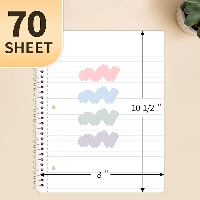 SUNEE Spiral Notebooks Wide Ruled, 1-Subject, 4 Pack, 8 x 10-1/2 in, 70 Sheets, 3-Hole Punched 70gsm Paper, Pastel Pink, Purple, Blue, Green for School, Home & Office, Writing Journal