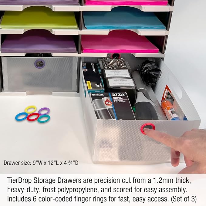 Desktop Organizer 12 Letter Tray Sorter Plus Riser Storage Base & 3 Storage Drawers - Ultimate Office TierDrop Desktop Organizer Stores All of Your Documents & Supplies in One Compact Modular System