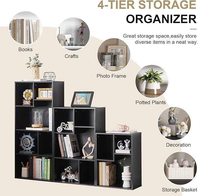 VECELO Wide Bookshelf Set, Fits 9.3" × 10-12.8" Hardcovers, Cube Storage Bookcases, Free-Standing for Living Room, Bedroom, Home Office, 3/4-Tier, 2-Pack, Black