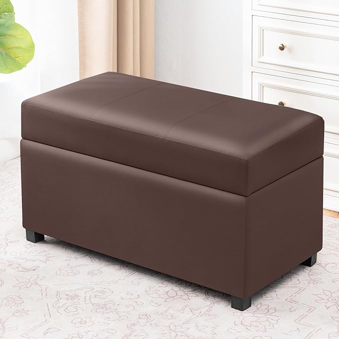 Joveco 32" Leather Storage Ottoman Bench, Rectangle Foot Rest Stool for Living Room, Bedroom, Entryway, Brown