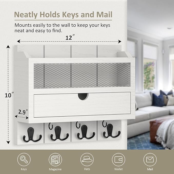 Nekon Mail Organizer with Drawer for Wall, 12"W x 10"H x 3.1"D Mail Sorter Wall Mounted, Wooden Key Holder Wall File Organizer Letter Sorter for Letter Magazines (White)
