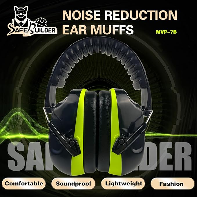 SAFEBUILDER Ear Muffs Noise Reduction SNR 33dB Adjustable Lightweight Safety Earmuffs Sound Proof Noise Cancelling ANSI