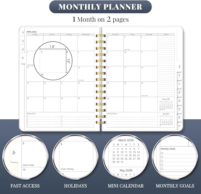 2026 Planner 8.5 x 11, Large Weekly Monthly Planners with Tabs, A4 Spiral Bound Daily Calendar 2026 Planner, 12 Month Agenda from Jan. to Dec., Flexible Cover Appointment Book(Smill Sun)