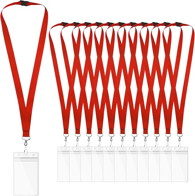 12 Pack Red Breakaway Lanyards with Waterproof Badge Holders, Polyester Neck Straps for ID Cards, Events, Office, and Schools