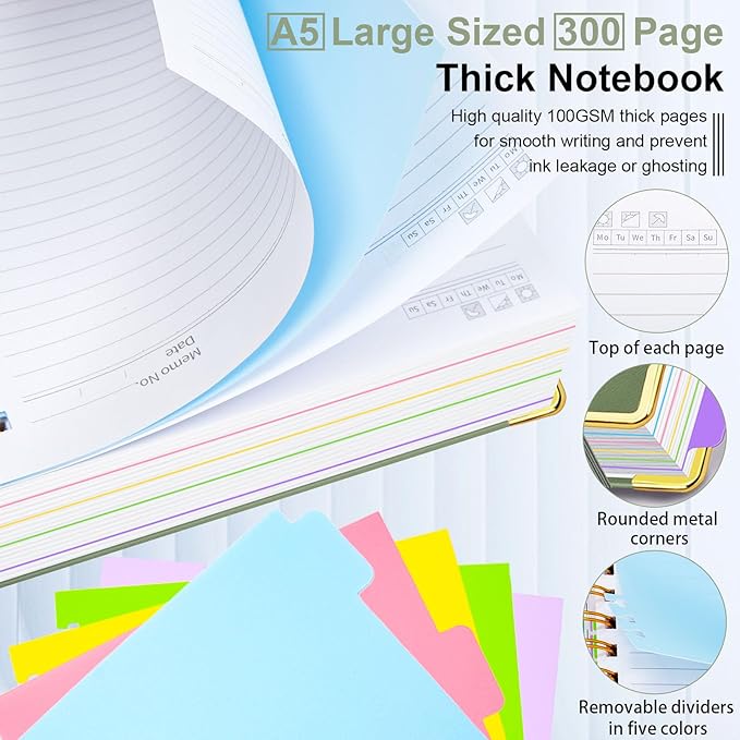 Hardcover Spiral Notebook 5.7"x 8.2" Journal Notebook with Tabs and Removable Dividers 300 Pages 5 Subject Notebook College Ruled, Faux Leather Spiral Bound Notebook for Women School Work (Sage Green)