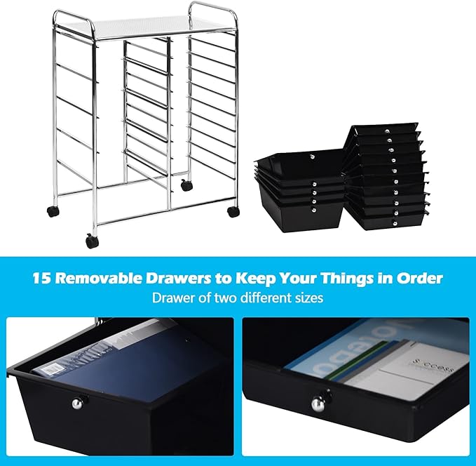DORTALA 15-Drawer Rolling Storage Cart with Drawers, Rolling Utility Cart w/Removable Drawers & Universal Wheels, Tools Scrapbook Paper Organizer for School, Office, Home, Classroom (Black)