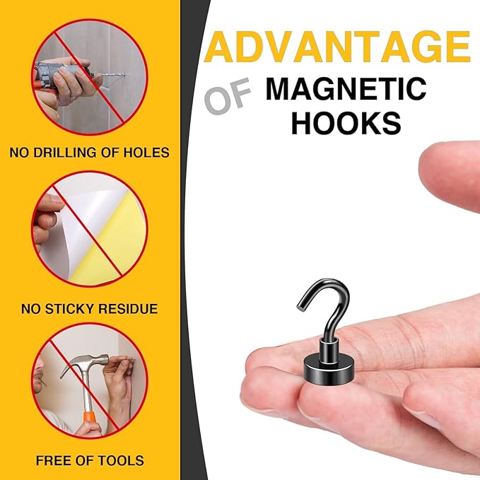 DIYMAG Magnetic Hooks for Hanging Cubicle Accessories, 30lbs 2026 Cruise Cabin Ship Essentials N52 Magnetic Hook Heavy Duty Strong Magnets Fridge for Classroom Beach Kitchen Grills 10 Pack Black