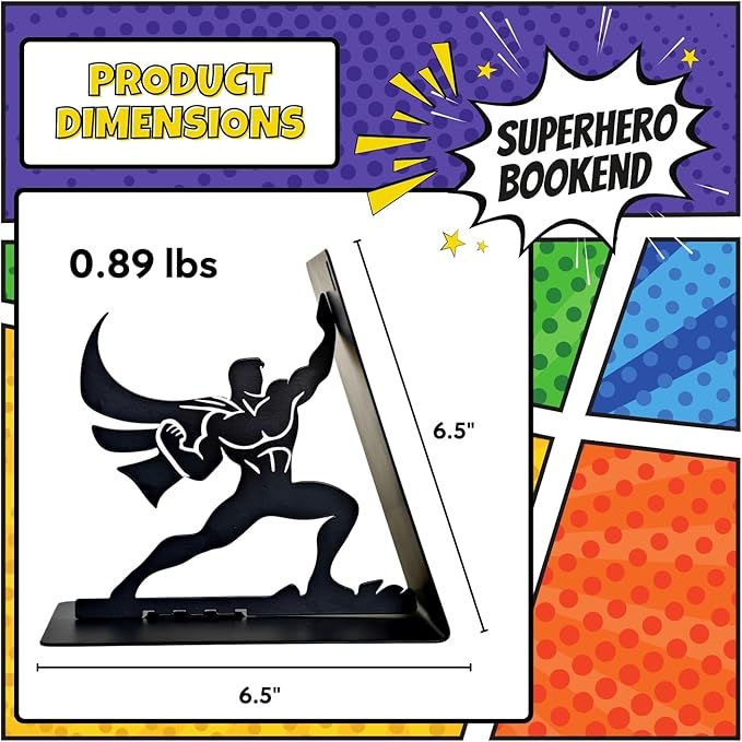 Superhero Metal Bookend – 6.5 Inch Heavy-Duty Book Holder with Anti-Slip Base, Unique Decorative Book Stand for Home or Office Shelf, Holds Large Books – Black