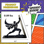 Superhero Metal Bookend – 6.5 Inch Heavy-Duty Book Holder with Anti-Slip Base, Unique Decorative Book Stand for Home or Office Shelf, Holds Large Books – Black