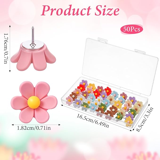 50Pcs Flower Push Pins for Cork Board Decorative Cute Push Pins for Bulletin Board Floral Wall Thumb Tacks for Corkboard Flower Pushpin for Bulletin Boards Wall Decor Hanging Photo Poster Office Home