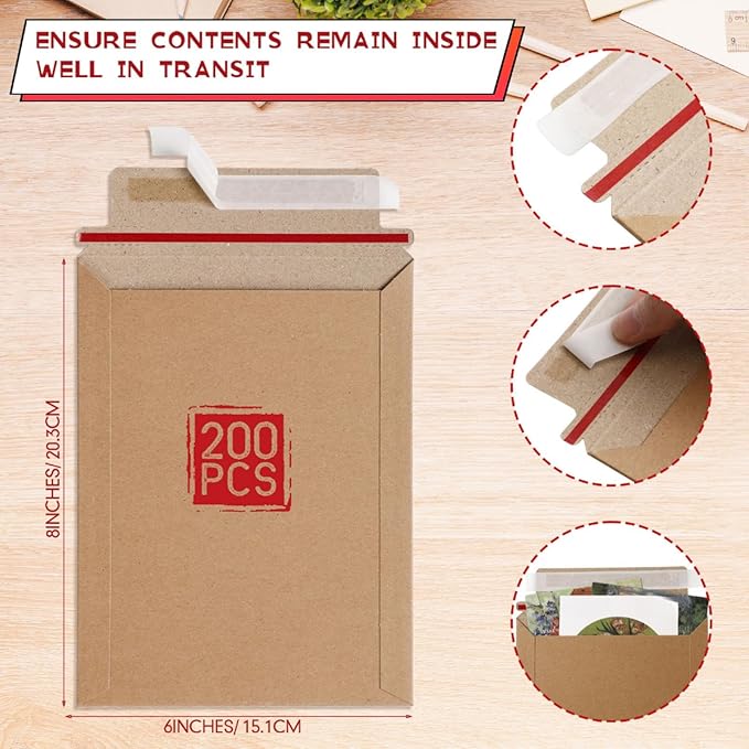 Fainne 200 Pack 6 x 8 Inch Rigid Mailers Self Adhesive Seal Photo Document Mailers 250gsm Keep Flat Kraft Photography Cardboard Envelopes for Shipping Cd, Photo, Gift Card, Document, Paper