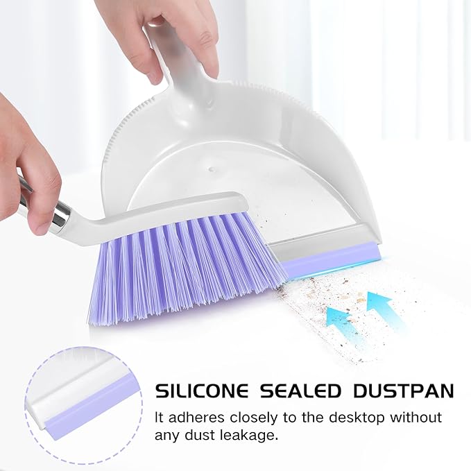 NACENA Mini Broom and Dustpan Set, Small Dust Pan and Brush Set with Handle Dustpan Teeth for Cleaning Hair Suitable for Office Desks Drawers Sofas Outdoor Camping, Light & Purple
