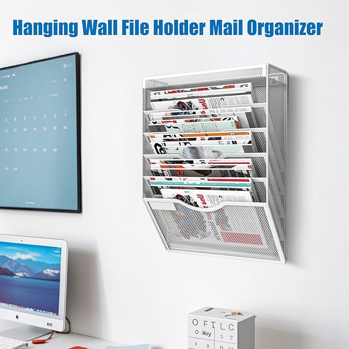 KZWKRG 6 Tier Wall File Organizer Hanging Vertical File Organizer, Wall Mounted Mail Paper Document Folder Holder, Mesh Magazine Rack Mail Document Organizer for Office School Home